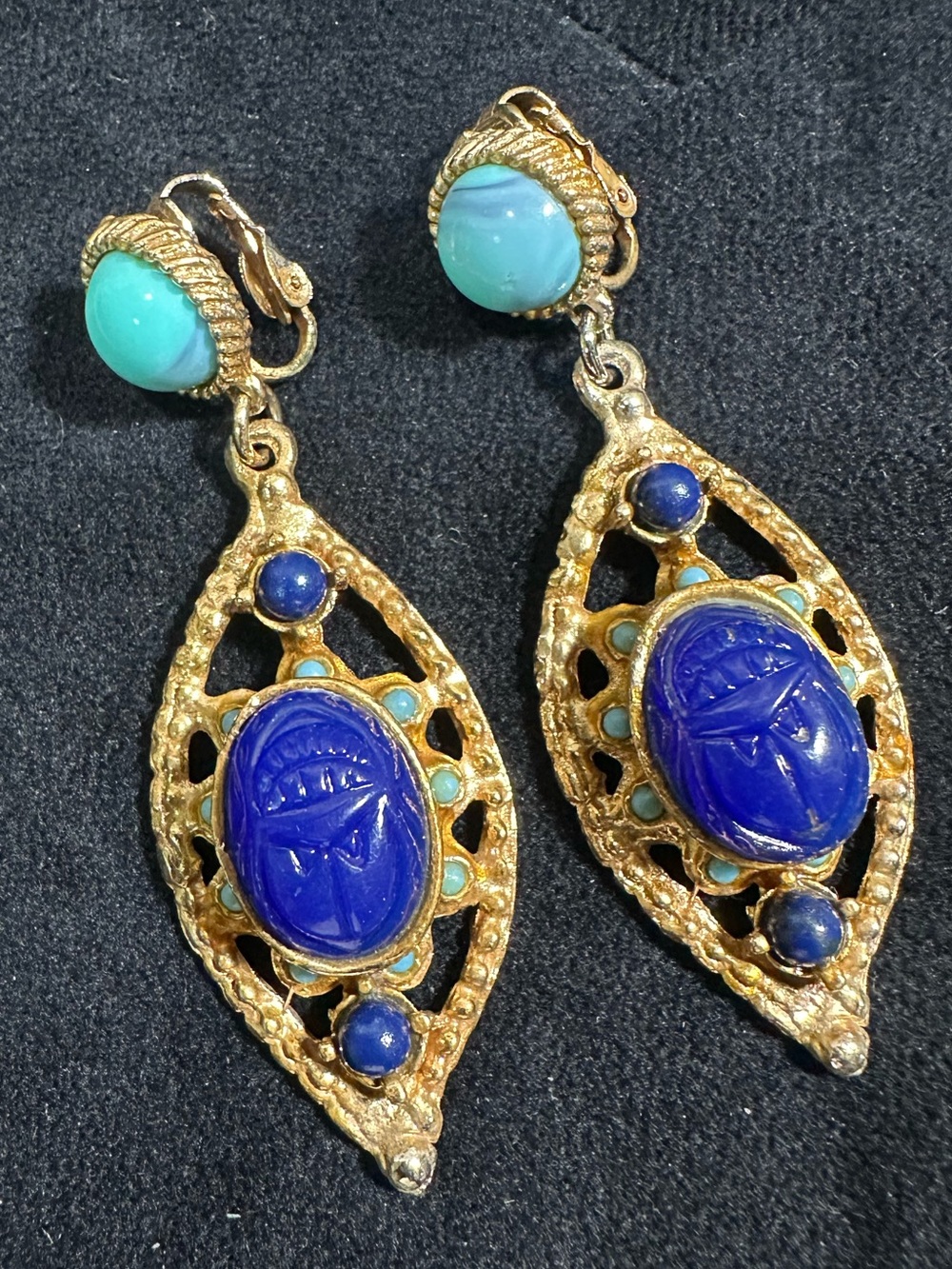 Vtg: Egyptian Revival Scarab Open Work Dangle Clip On Earrings